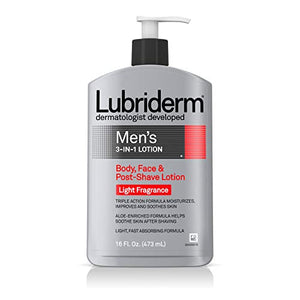 Spotlight! Lubriderm mens 3 in 1 body, face and post shave lotion, light fragrance - 16 oz